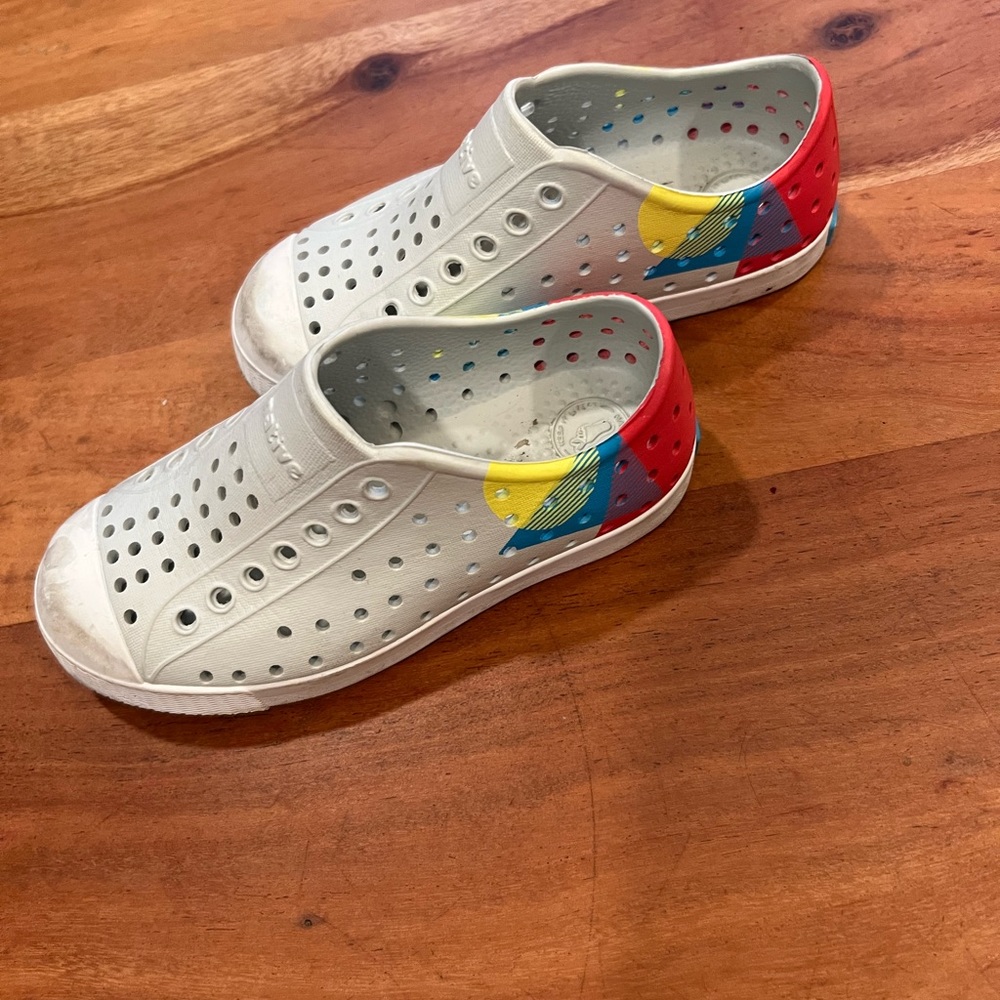 Native kids shoes with color block geometric shapes. Worn maybe twice.